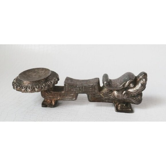 Vintage Chinese Nickel Silver Dragon Chopstick Rest & Spoon Rest Goblet Serving - Picture 6 of 10